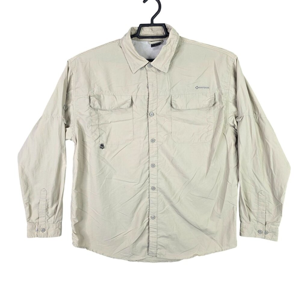 Mens Naviskin Beige Nylon Shirt Long Sleeve Lightweight Button Up Fishing Size L